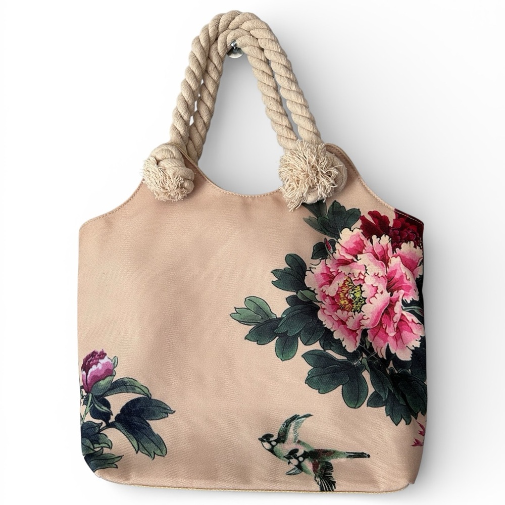 To Go Go Women’s Canvas Bag Rope Handles Flowers and Birds Purse Beach Travel